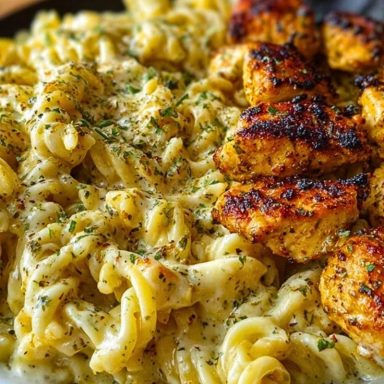 Cheesy Alfredo Twisted Pasta with Golden Garlic Butter Chicken in Creamy Sauce
