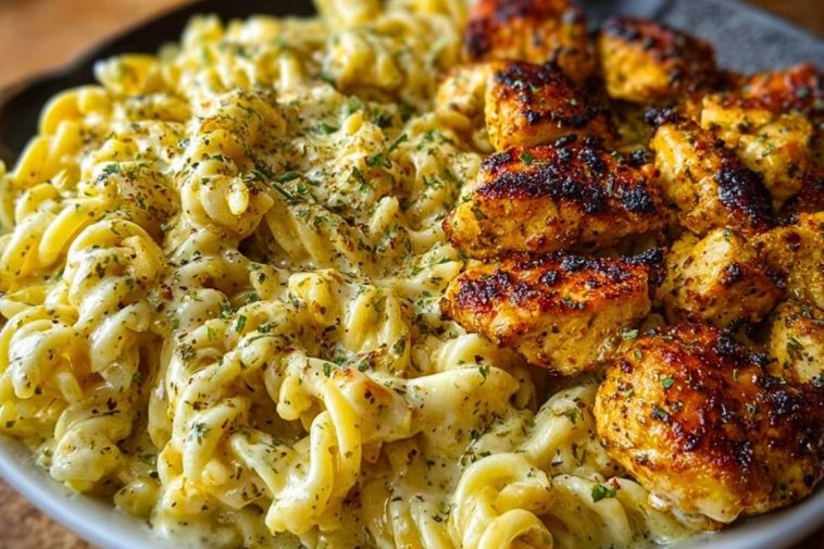 Cheesy Alfredo Twisted Pasta with Golden Garlic Butter Chicken in Creamy Sauce