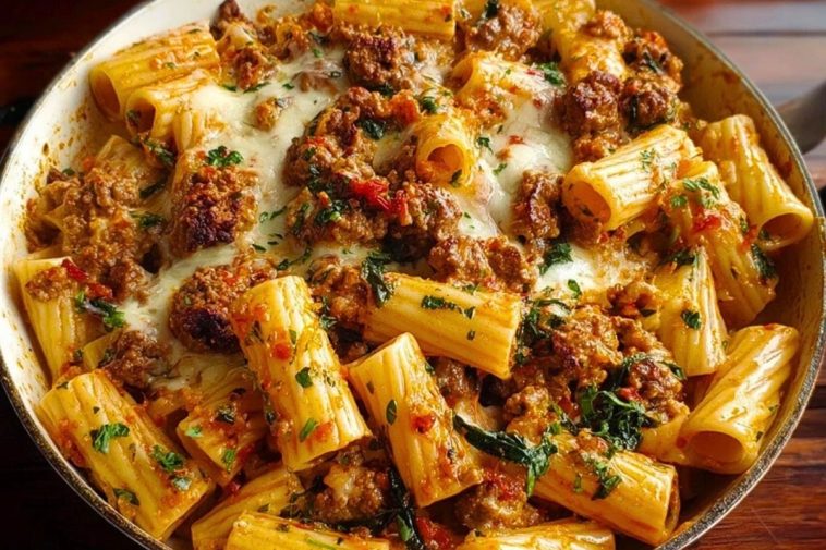 Cheesy Beef and Italian Sausage Rigatoni in Garlic Butter Sauce