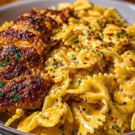Cheesy Garlic Cajun Chicken Bowtie Pasta in Alfredo Sauce