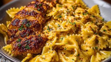 Cheesy Garlic Cajun Chicken Bowtie Pasta in Alfredo Sauce
