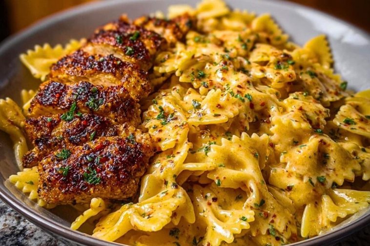 Cheesy Garlic Cajun Chicken Bowtie Pasta in Alfredo Sauce