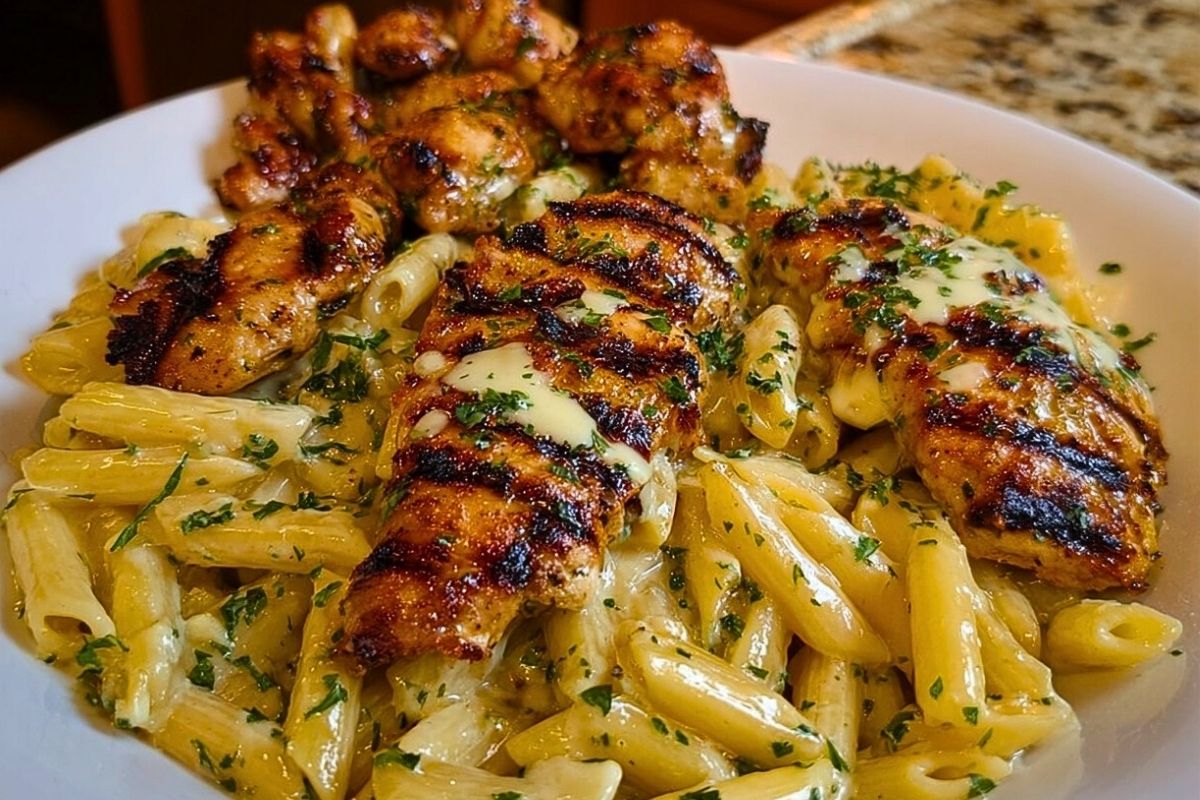 Cheesy Penne and Cajun Chicken in Garlic Parmesan Cream
