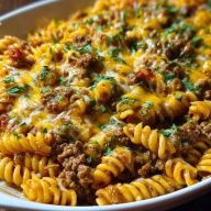 Cheesy Rotini Pasta with Garlic Butter Sauce and Ground Beef