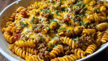 Cheesy Rotini Pasta with Garlic Butter Sauce and Ground Beef