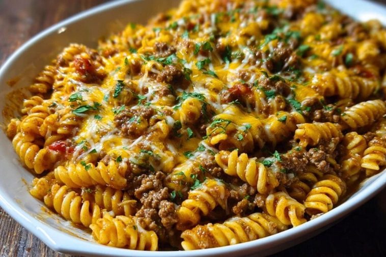 Cheesy Rotini Pasta with Garlic Butter Sauce and Ground Beef