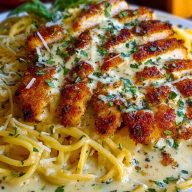 Chicken Smothered in Cheesy Alfredo Three-Cheese Spaghetti Sauce