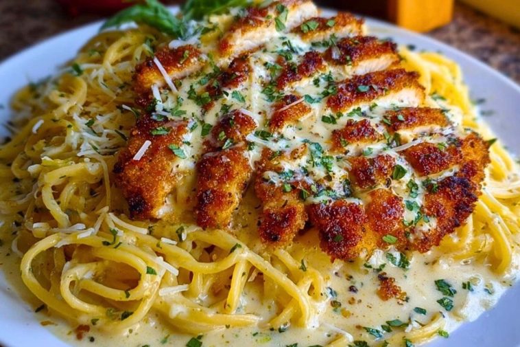 Chicken Smothered in Cheesy Alfredo Three-Cheese Spaghetti Sauce