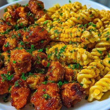 Chili Garlic Butter Chicken Bites with Creamy Cajun Corn Alfredo Twists