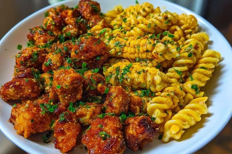 Chili Garlic Butter Chicken Bites with Creamy Cajun Corn Alfredo Twists