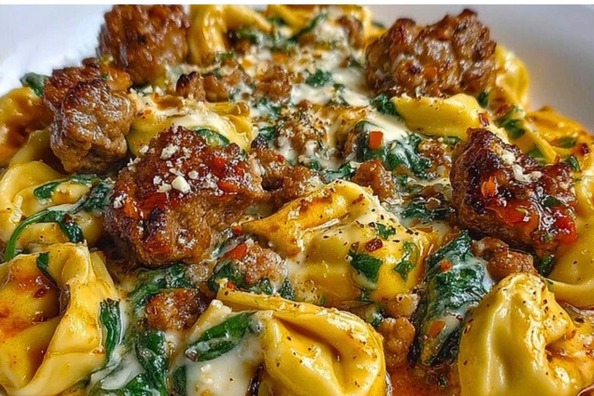 Creamy Garlic Butter Beef Tortellini with Italian Sausage & Spinach