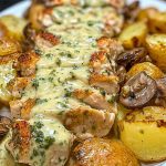 Creamy Garlic Mushroom Alfredo Chicken & Potatoes with Basil Pesto