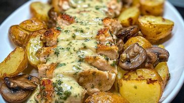 Creamy Garlic Mushroom Alfredo Chicken & Potatoes with Basil Pesto