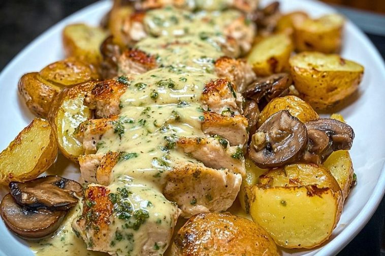 Creamy Garlic Mushroom Alfredo Chicken & Potatoes with Basil Pesto