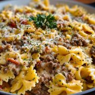 Creamy Ground Beef Bowtie Pasta with Mozzarella and Parmesan