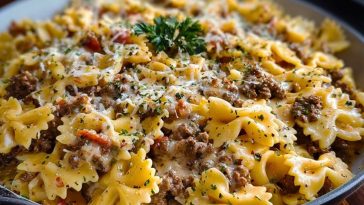 Creamy Ground Beef Bowtie Pasta with Mozzarella and Parmesan