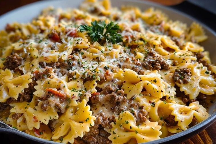 Creamy Ground Beef Bowtie Pasta with Mozzarella and Parmesan
