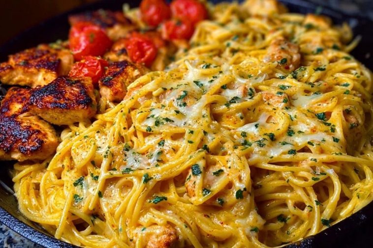 Creamy Velveeta Chicken Spaghetti with Mozzarella Garlic Cheese Sauce