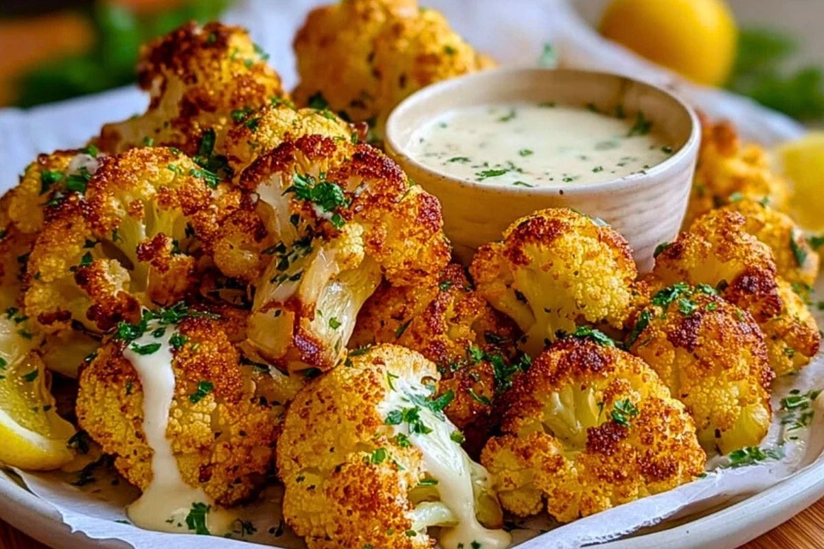 Crispy Baked Cauliflower Bites with Garlic Sauce