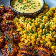 Crispy Chicken Bites & Blackened Cajun Alfredo with Roasted Corn Twists