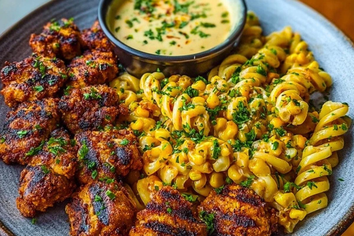 Crispy Chicken Bites & Blackened Cajun Alfredo with Roasted Corn Twists
