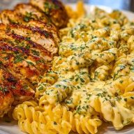 Delicious Creamy Garlic Parmesan Chicken and Cheesy Twisted Pasta Recipe