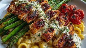 Delicious Greek Chili Chicken Alfredo with Smoked Feta Cream & Crispy Parmesan Asparagus