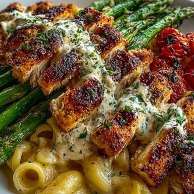 Delicious Greek Chili Chicken Alfredo with Smoked Feta Cream & Crispy Parmesan Asparagus