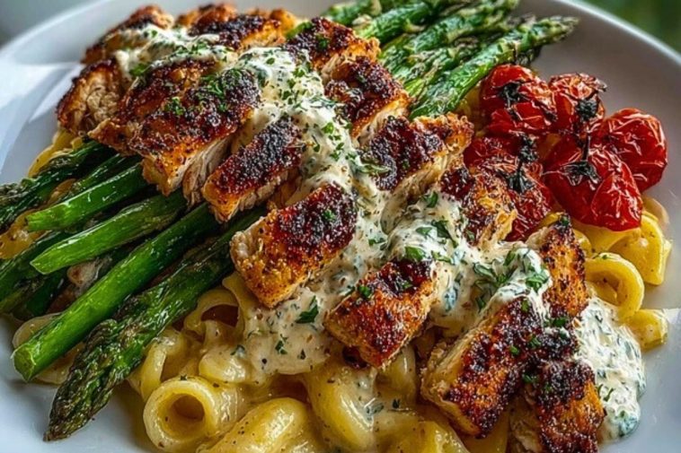 Delicious Greek Chili Chicken Alfredo with Smoked Feta Cream & Crispy Parmesan Asparagus
