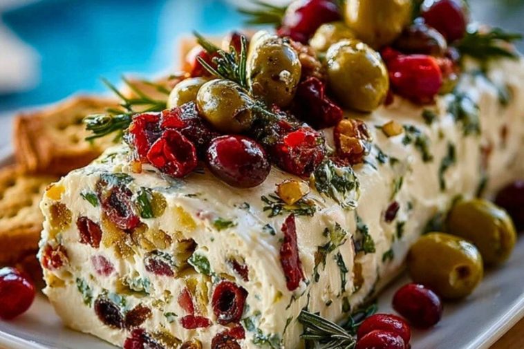 Festive Holiday Antipasto Cream Cheese Log