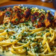 Garlic Butter Chicken with Velvety Parmesan Linguine