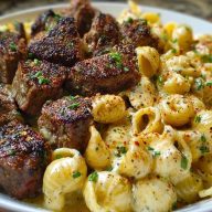 Garlic Butter Steak Bites & Creamy Chipotle White Cheddar Shells