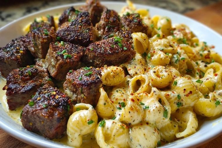 Garlic Butter Steak Bites & Creamy Chipotle White Cheddar Shells
