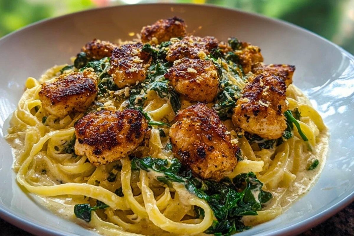 Garlic Chicken Bites & Creamy Cajun Spinach Artichoke Alfredo Pasta