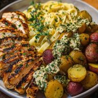 Greek Chicken Alfredo & Garlic Potatoes with Spicy Hot Honey Tahini Pesto