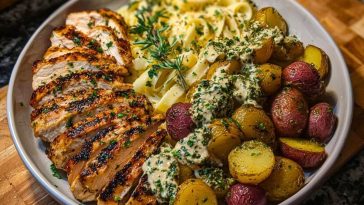 Greek Chicken Alfredo & Garlic Potatoes with Spicy Hot Honey Tahini Pesto