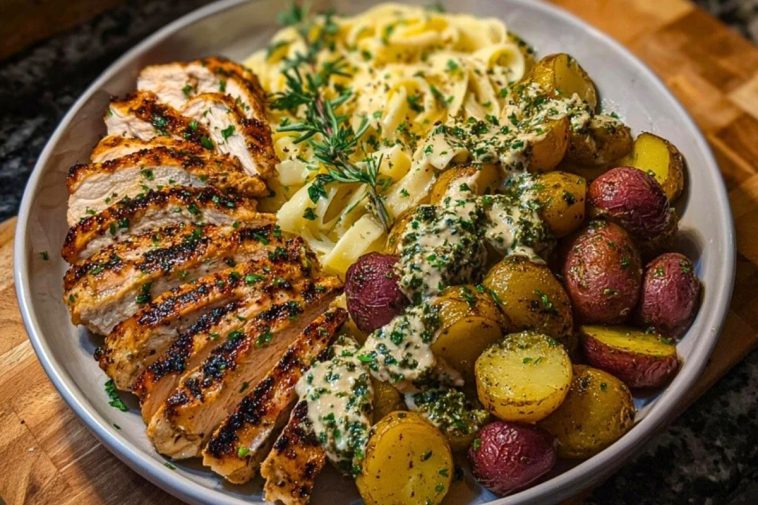 Greek Chicken Alfredo & Garlic Potatoes with Spicy Hot Honey Tahini Pesto