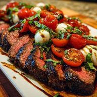Grilled Balsamic Steak Caprese with Mozzarella, Tomatoes, and Basil