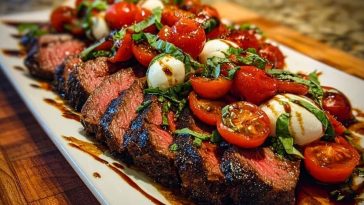 Grilled Balsamic Steak Caprese with Mozzarella, Tomatoes, and Basil
