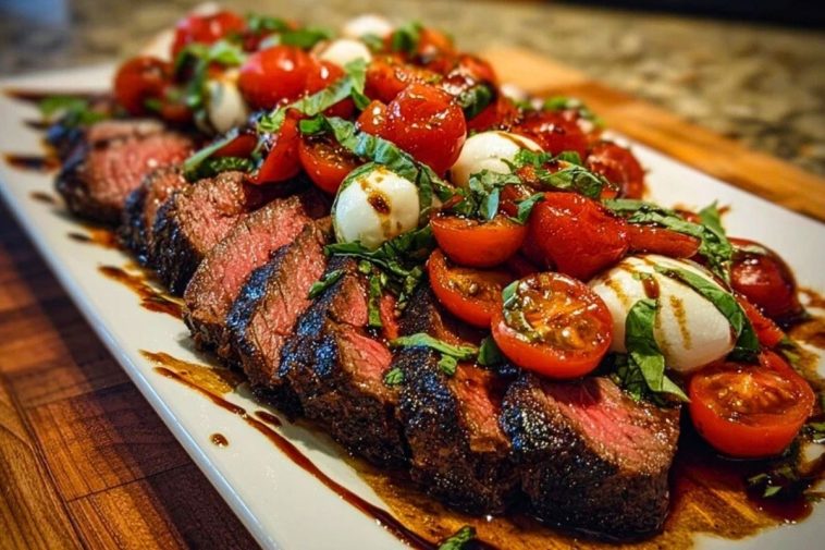Grilled Balsamic Steak Caprese with Mozzarella, Tomatoes, and Basil