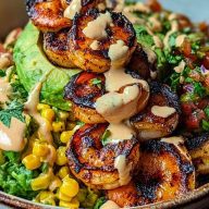 Grilled Shrimp Bowl with Avocado, Corn Salsa & Creamy Sauce