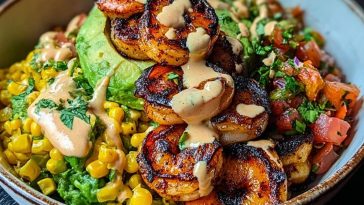 Grilled Shrimp Bowl with Avocado, Corn Salsa & Creamy Sauce