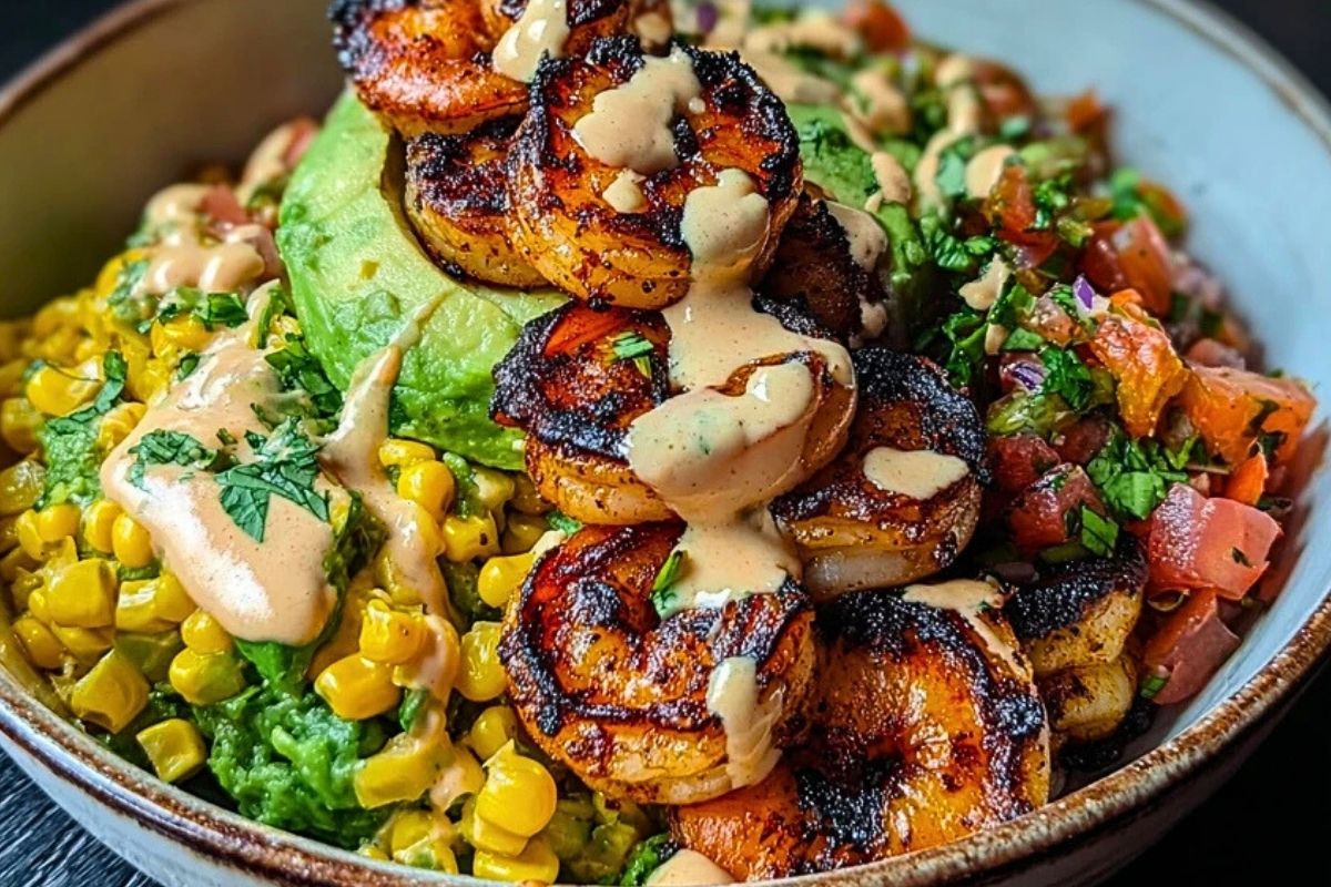 Grilled Shrimp Bowl with Avocado, Corn Salsa & Creamy Sauce