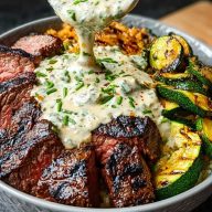 Grilled Steak Bowl with Creamy Sauce & Grilled Zucchini