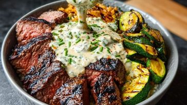Grilled Steak Bowl with Creamy Sauce & Grilled Zucchini