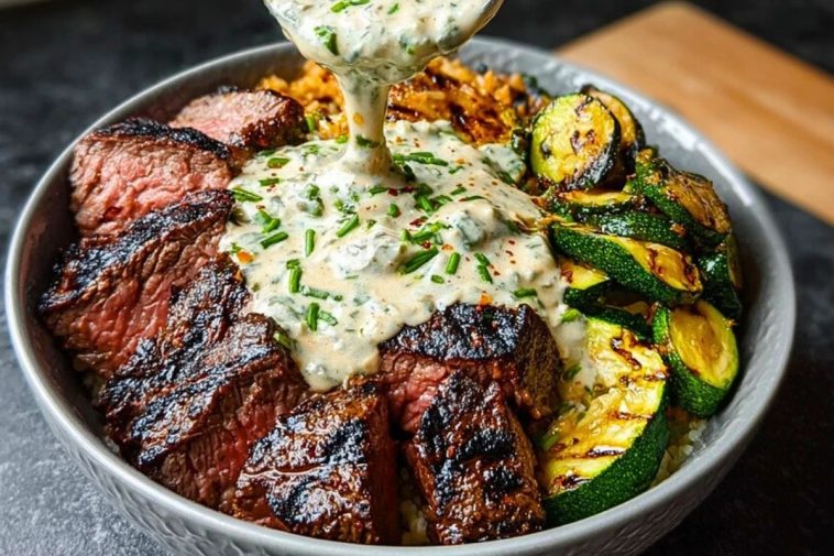 Grilled Steak Bowl with Creamy Sauce & Grilled Zucchini