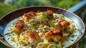Herbed Chicken Alfredo with Truffle Feta Cream & Crispy Parmesan Leeks