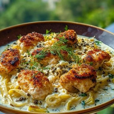Herbed Chicken Alfredo with Truffle Feta Cream & Crispy Parmesan Leeks