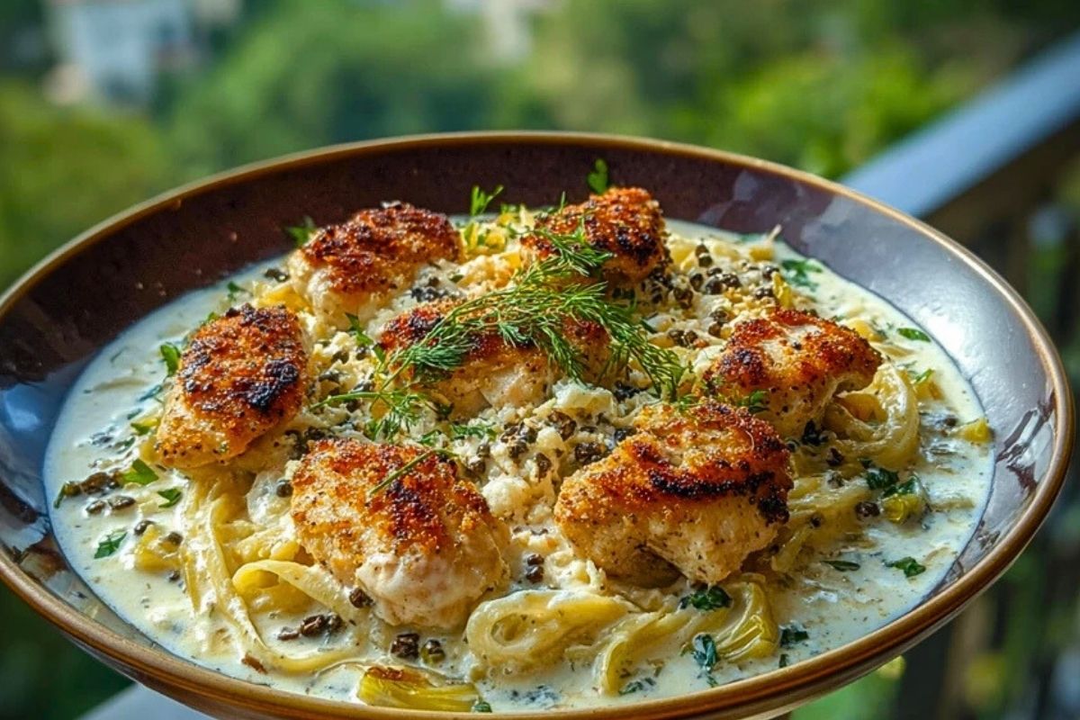 Herbed Chicken Alfredo with Truffle Feta Cream & Crispy Parmesan Leeks