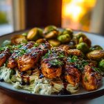 Hot Honey Balsamic Chicken Alfredo with Whipped Feta & Crispy Brussels Chips